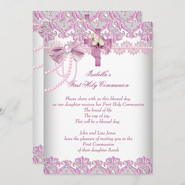 First Holy Communion 1st Girls Pink Pearl Lace Invitation (Front/Back)