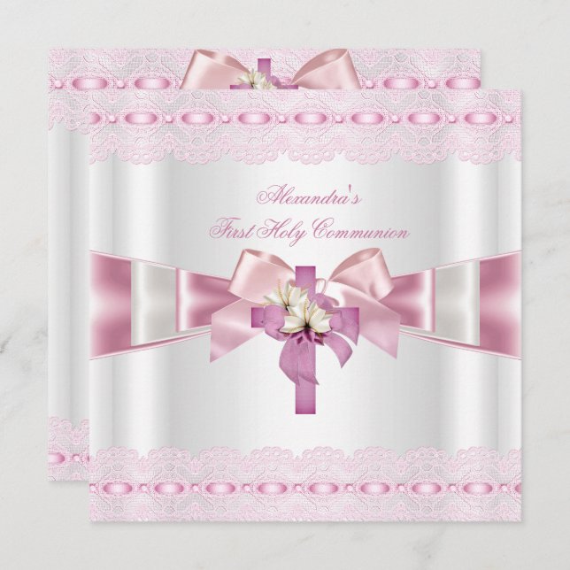 First Holy Communion 1st Girls White Pink Lace 2 Invitation (Front/Back)