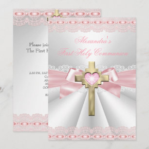 First Holy Communion 1st Gold Cross Girls Pink 2 Invitation