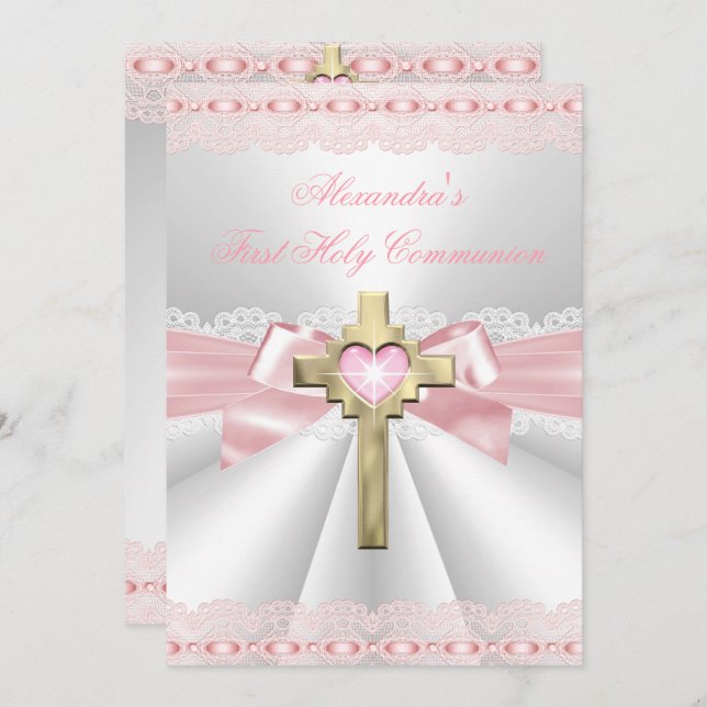 First Holy Communion 1st Gold Cross Girls Pink 2 Invitation (Front/Back)