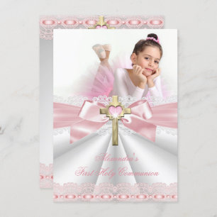 First Holy Communion 1st Gold Cross Girls Pink 4 Invitation