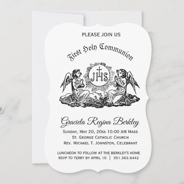 First Holy Communion Angel Black White Invitations (Front)