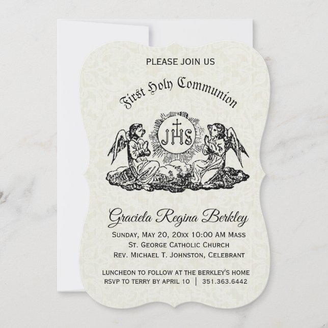 First Holy Communion Angel White Lace Invitations (Front)