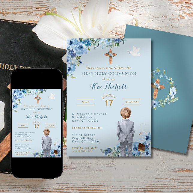 First Holy Communion Baptism Blond Boy Dusky Blue Invitation (Creator Uploaded)