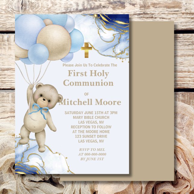 First Holy Communion Bear Balloon Blue Gold Swirl  Invitation (Creator Uploaded)
