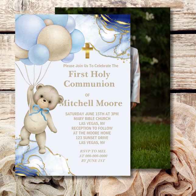 First Holy Communion Bear Balloon Blue Gold Swirl  Invitation (Creator Uploaded)