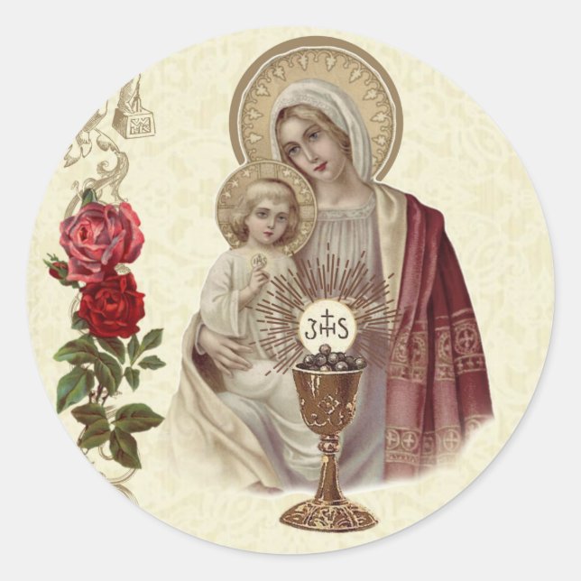 First Holy Communion Blessed Virgin Mary Jesus Classic Round Sticker (Front)