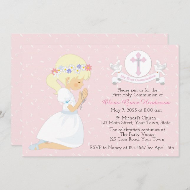 First Holy Communion Blonde Girl White Doves Invitation (Front/Back)