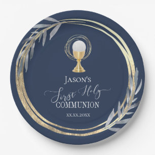 First Holy communion blue and faux gold foil Paper Plate