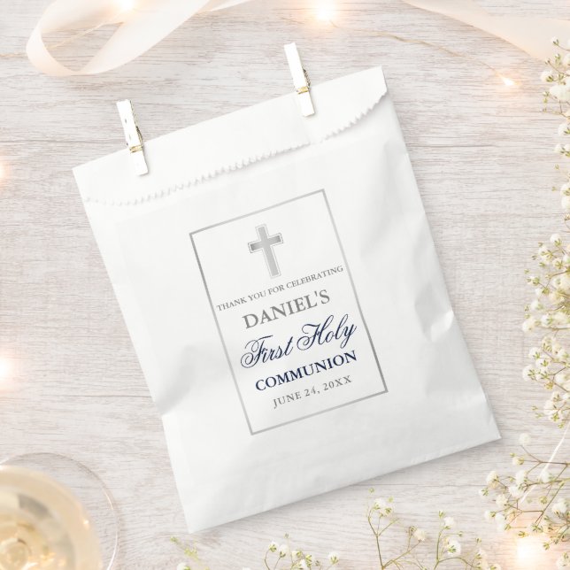 First Holy Communion Blue and Silver Favour Bag (Clipped)