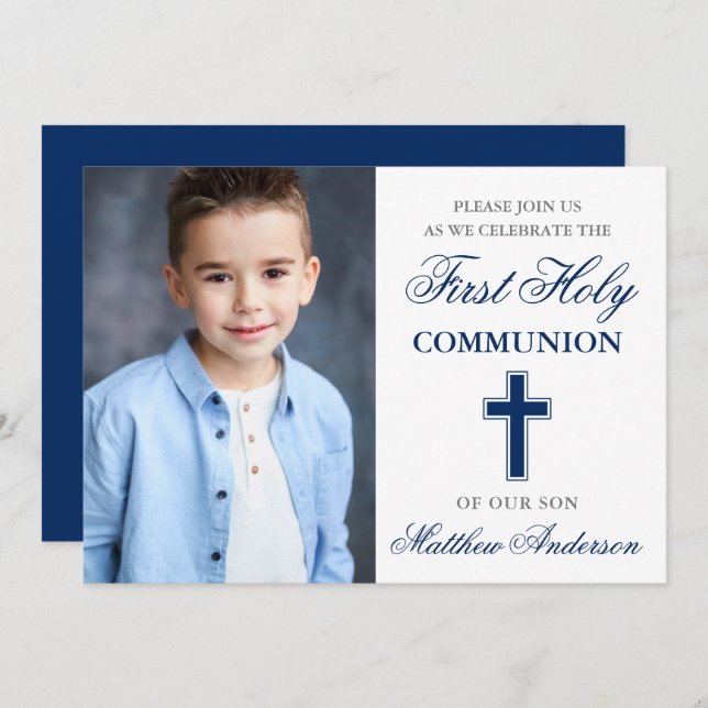 First Holy Communion Blue and Silver Photo Invitation (Front/Back)