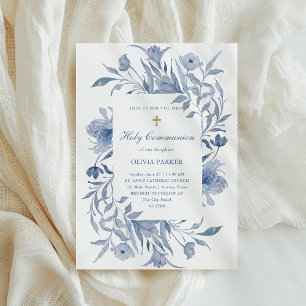 First Holy Communion Blue Floral Chinoiserie Invitation