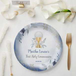 First Holy Communion blue flowers Paper Plate
