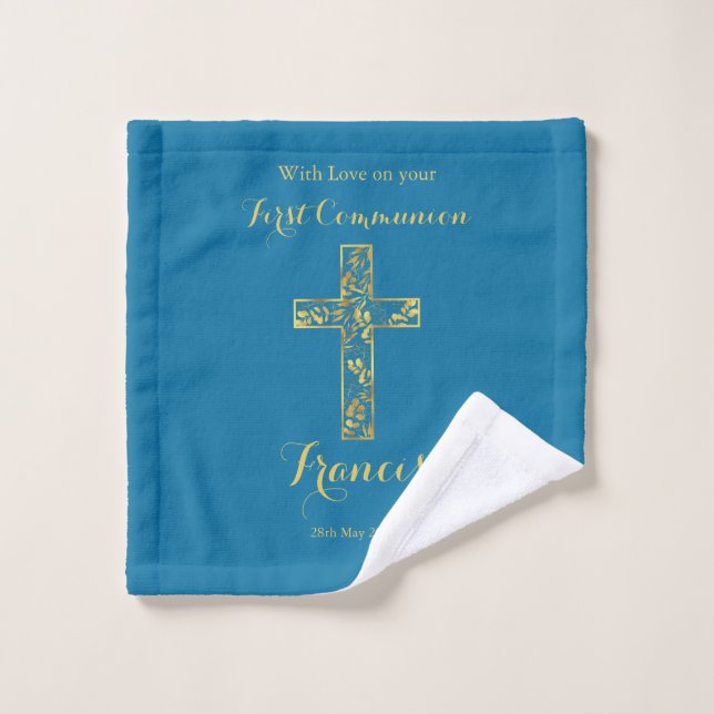 First Holy Communion blue gold cross boys  Wash Cloth (Wash Cloth)