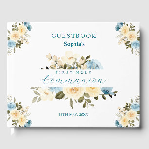 First Holy Communion Blue Ivory Flowers Greenery Guest Book