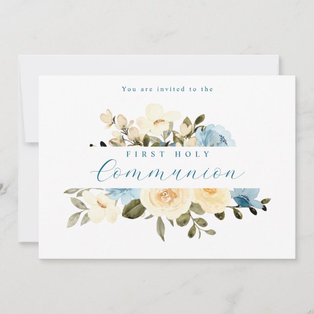First Holy Communion Blue Ivory Flowers Greenery Invitation (Front)