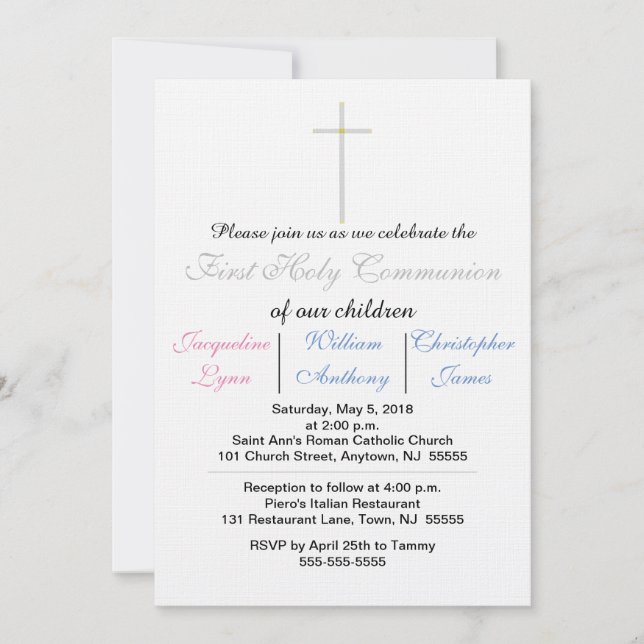 First Holy Communion Blue Pink Triplets Invitation (Front)