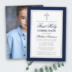 First Holy Communion Blue Silver Photo Invitation
