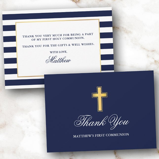 First Holy Communion Blue Stripes Gold  Thank You Card (Customize to change text size, color or text style.)