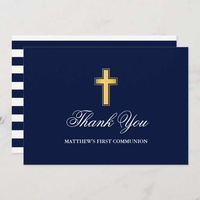 First Holy Communion Blue Stripes Gold  Thank You Card (Front/Back)