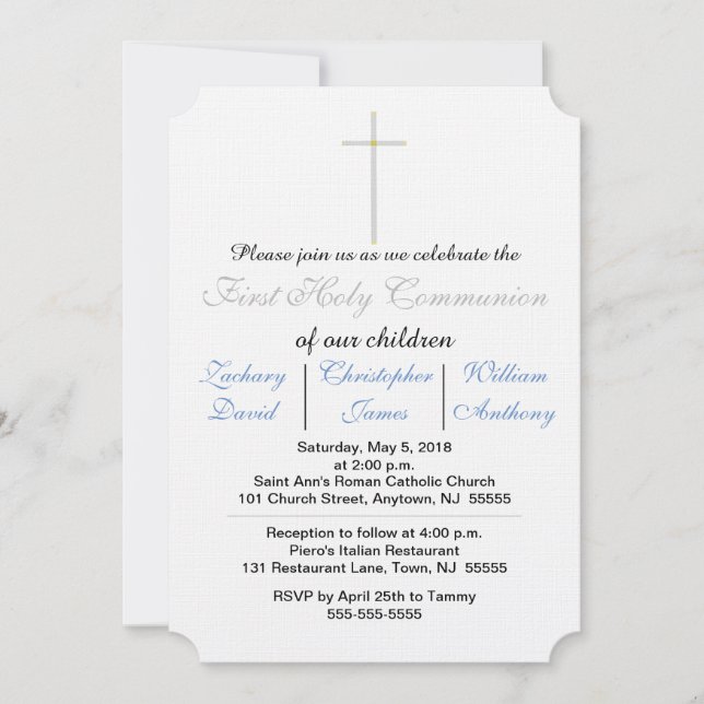 First Holy Communion Blue Triplets Invitations (Front)