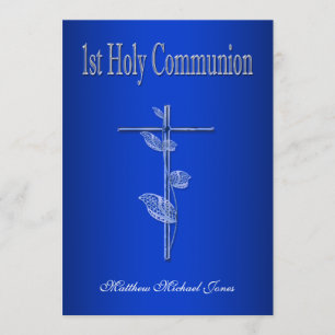 First holy communion blue white invitation