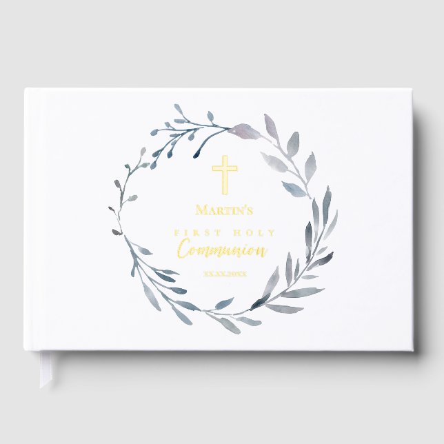 First Holy Communion blue wreath Guest Book (Front)