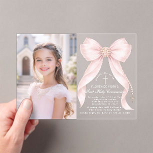 First Holy Communion Blush Pink Bow Christian Acrylic Invitations