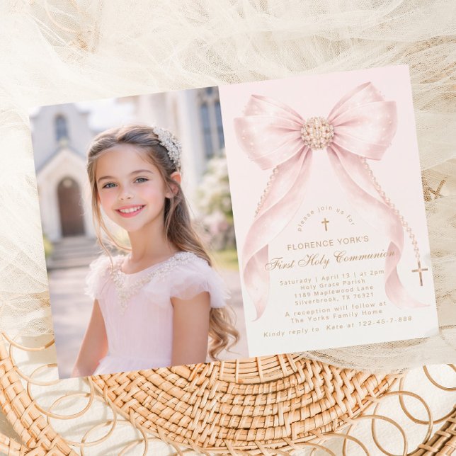 First Holy Communion Blush Pink Bow Christian Invitation (Creator Uploaded)