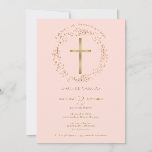 First Holy Communion Blush Pink Gold Cross Floral Invitation (Front)
