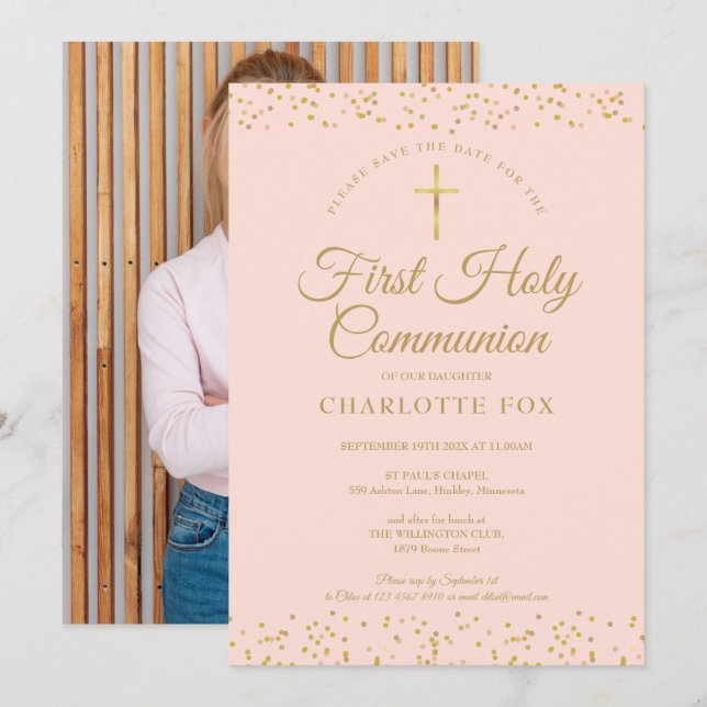 First Holy Communion Blush Pink Gold Dust Photo Save The Date (Front/Back)