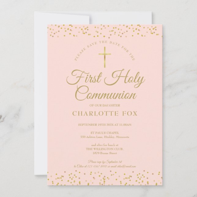 First Holy Communion Blush Pink Gold Dust Save The Date (Front)