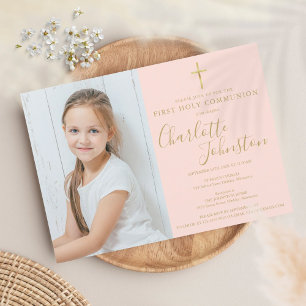 First Holy Communion Blush Pink Gold Script Photo Invitation