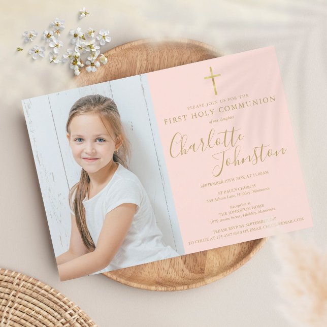 First Holy Communion Blush Pink Gold Script Photo Invitation (Creator Uploaded)