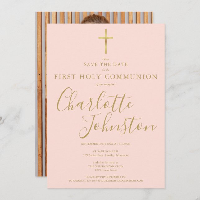 First Holy Communion Blush Pink Gold Script Photo Save The Date (Front/Back)