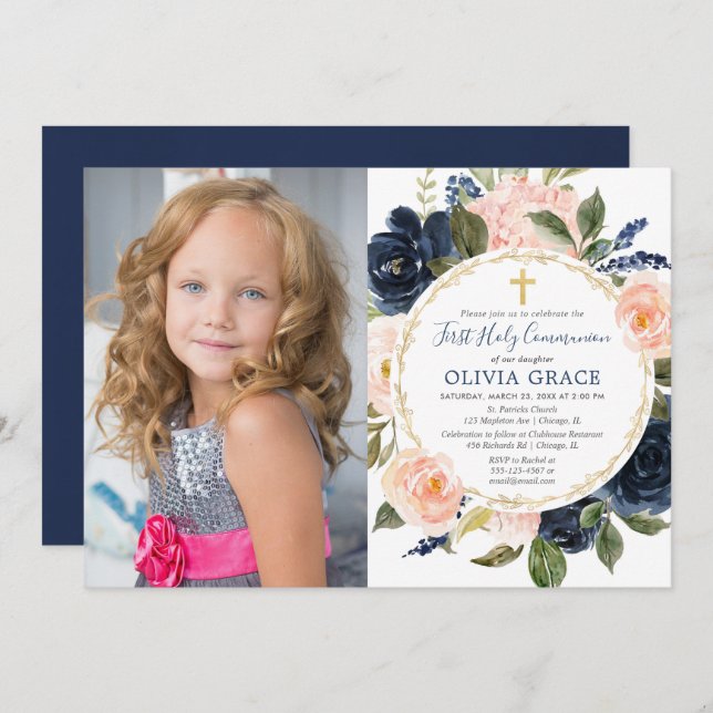 First Holy Communion blush pink navy blue photo Invitation (Front/Back)