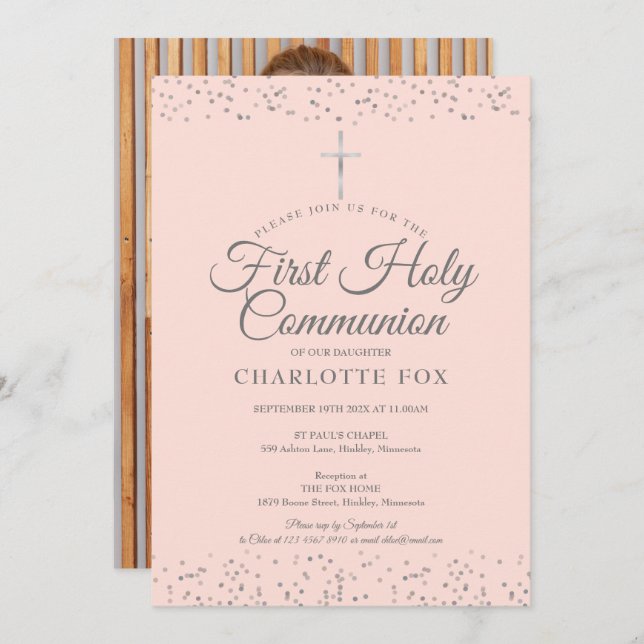 First Holy Communion Blush Pink Silver Photo Invitation (Front/Back)