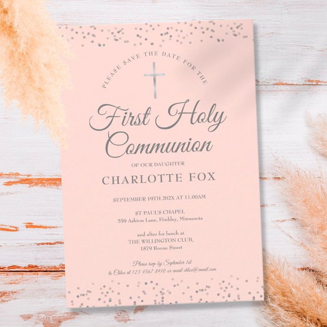 First Holy Communion Blush Pink Silver Stardust Save The Date (Creator Uploaded)
