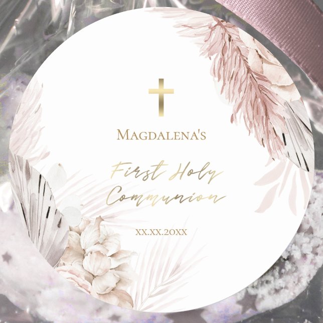 First Holy Communion boho flowers Classic Round Sticker (Creator Uploaded)