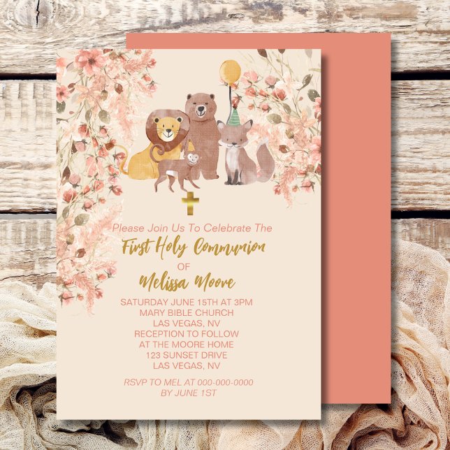 First Holy Communion Boho Safari Blush Pink Pampas Invitation (Creator Uploaded)