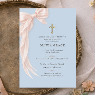 First Holy Communion Bow Girl Baby Blue  Invitation