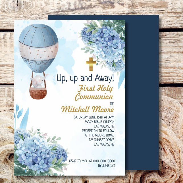 First Holy Communion Boy Hot Air Balloon Elephant  Invitation (Creator Uploaded)