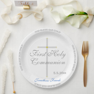 First Holy Communion Boy Name Silver Cross Paper Plate
