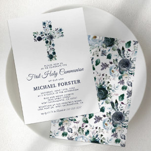 First Holy Communion Boy's Blue Floral Cross Invitation