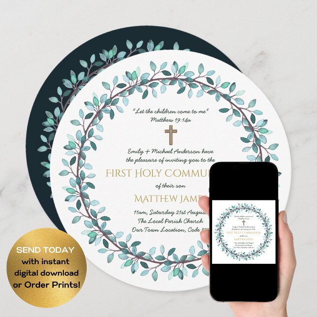 First Holy Communion Boys Blue Wreath Invitations (Creator Uploaded)