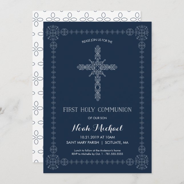 First Holy Communion Boys Invitation Elegant Cross (Front/Back)