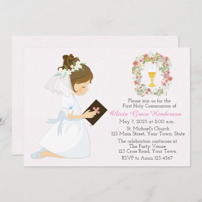 First Holy Communion Brunette Girl Floral Wreath Invitation (Front/Back)