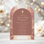 First Holy Communion Bush Pink Gold Agate  Acrylic Invitations<br><div class="desc">A graceful and modern First Holy Communion invitation featuring an elegant blush pink and gold agate design. Printed on premium acrylic, this invitation offers a sophisticated and timeless touch. The soft blush tones paired with luxurious gold accents create a refined and delicate aesthetic, making it the perfect choice for a...</div>
