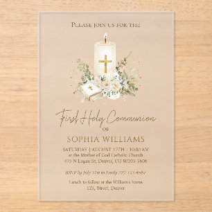 First Holy Communion Candle Bible Greenery Acrylic Invitations