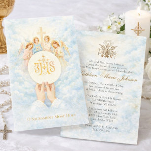 First Holy Communion Catholic Priest Host Angels Invitation